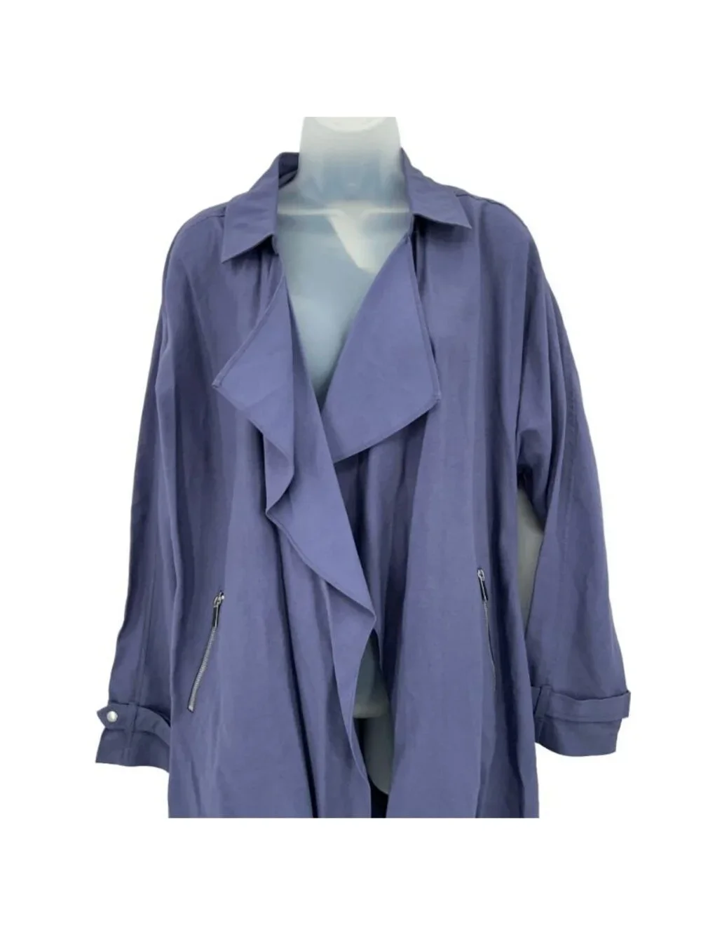NWT Sebby Draped Open Front Trench Coat Women Large Blue Long Sleeve Jacket Hood